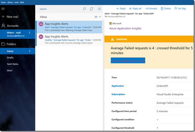 12 Azure Portal - Application Insights - Email about Alert