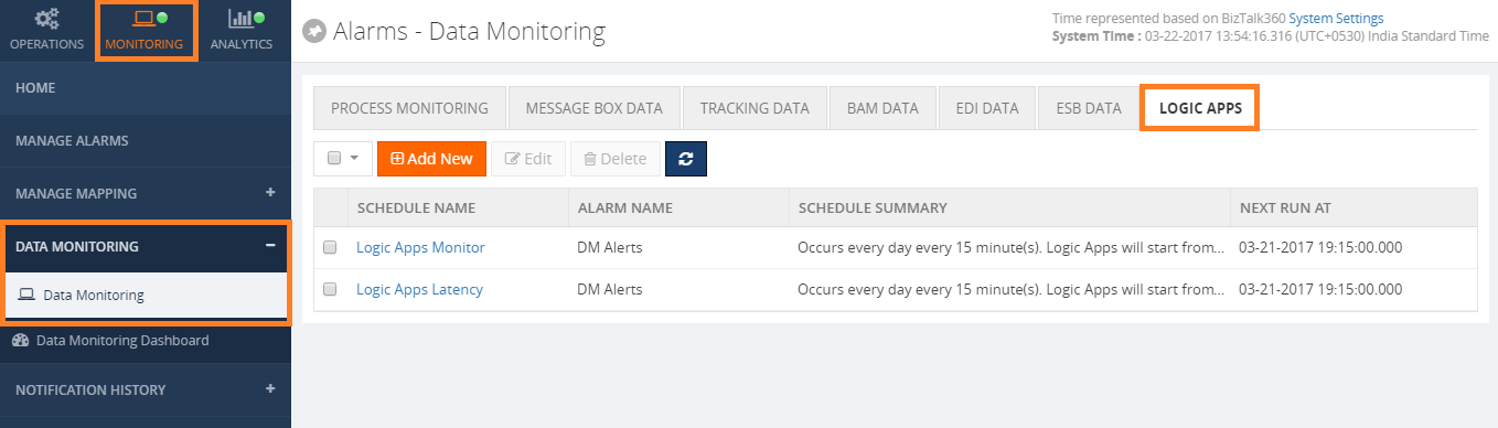 Alarms - Data Monitoring Page