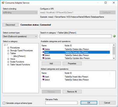 Consume Adapter Service tool SQL Server sample