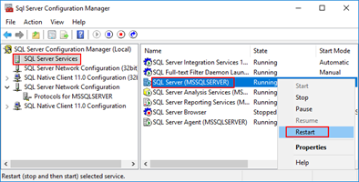 Connecting to the LOB system has failed: SQL Server 2016 restart