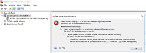 BizTalk Server Administration Console cannot connect to WMI provider