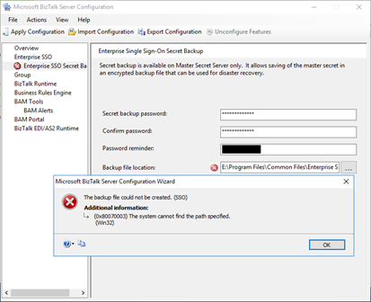 BizTalk Server Configuration Wizard: The backup file could not be created. (SSO)