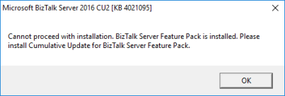 Cannot proceed with installation Biztalk server pack is installed
