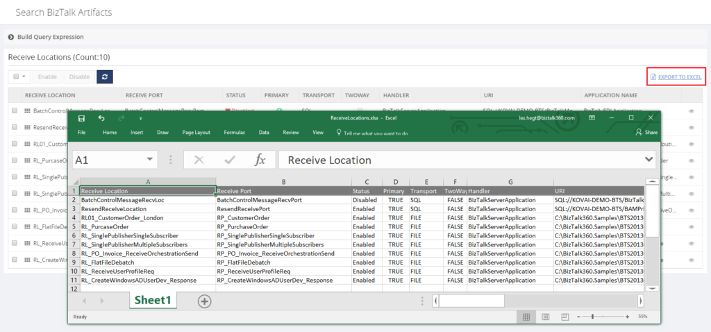 BizTalk360 Search Artifacts - Save to Excel