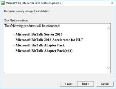 BizTalk Server 2016 Feature Pack 3: Ready To Install screen