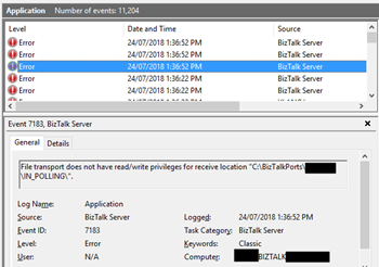BizTalk Server: File transport does not have read/write privileges for receive location - Error Descriptions