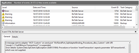 BizTalk Server WCF-SQL Adapter: Procedure or function expects parameter - Event Viwer