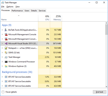 Visua Studio: Failed to create window handle for pane End task with Task Manager