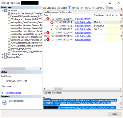Backup BizTalk Server job failed. Executed as user NT SERVICESQLSERVERAGENT. Cannot open backup device destination path.