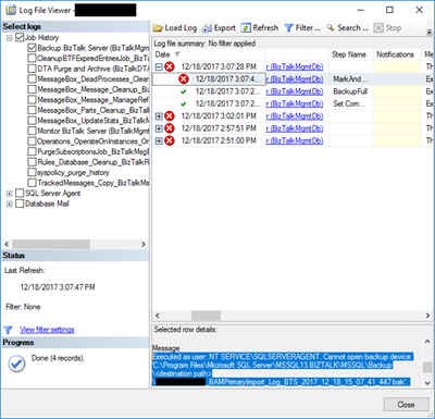 Backup BizTalk Server job: Executed as user NT SERVICESQLSERVERAGENT. Cannot open backup device destination pathdatabase name