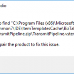 Visual Studio error: Unable to find transmitPipeline.vstemplate. Please repair the product to fix this issue
