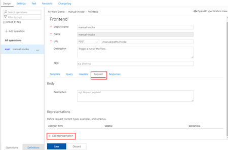 Azure API Management Create Add Blank API operation frontend reques representation