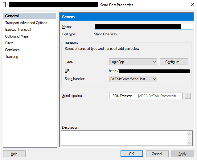 Logic App Adapter configuration on the BizTalk Server administration Console 