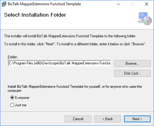 BizTalk Server 2020 MapperExtensions Functoid Wizard Installation folder Screen