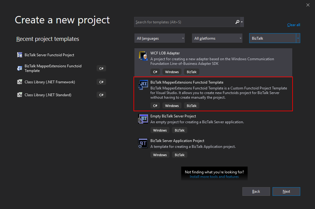 Visual Studio 2019 Filter for project templates: BizTalk MapperExtensions Functoid Project Template)